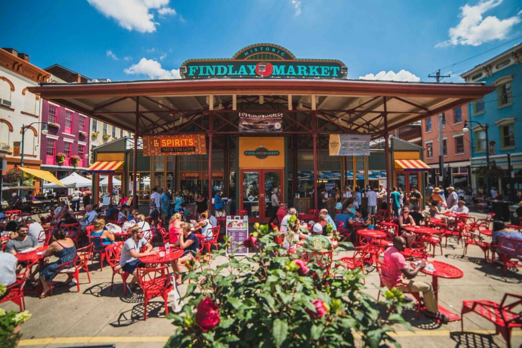 people in cincinnati love to get fresh food from the front entrance at findlay market