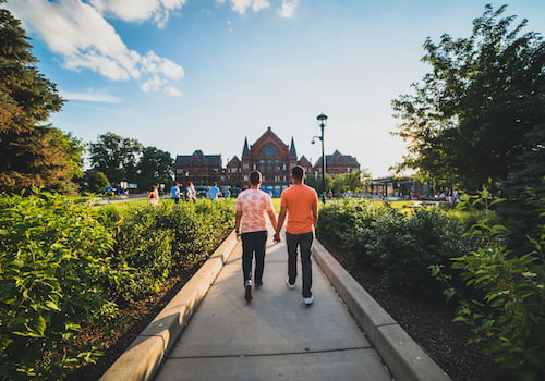 two men walking in one of the best parks in cincinnati