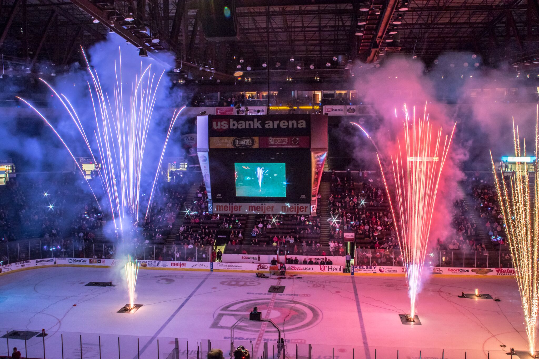 fireworks going off for Cincinnati Cyclones Hockey game