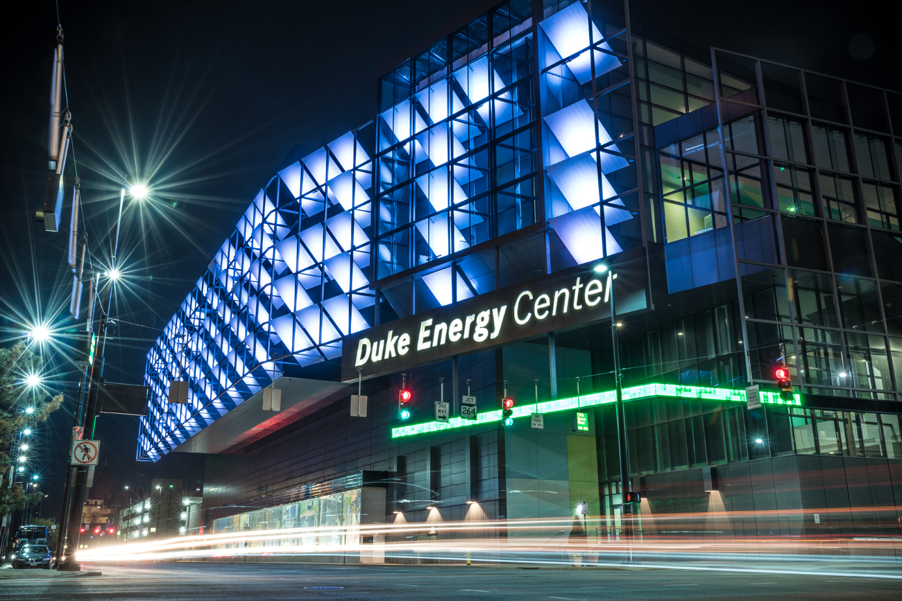 Duke Energy Center lit up at night