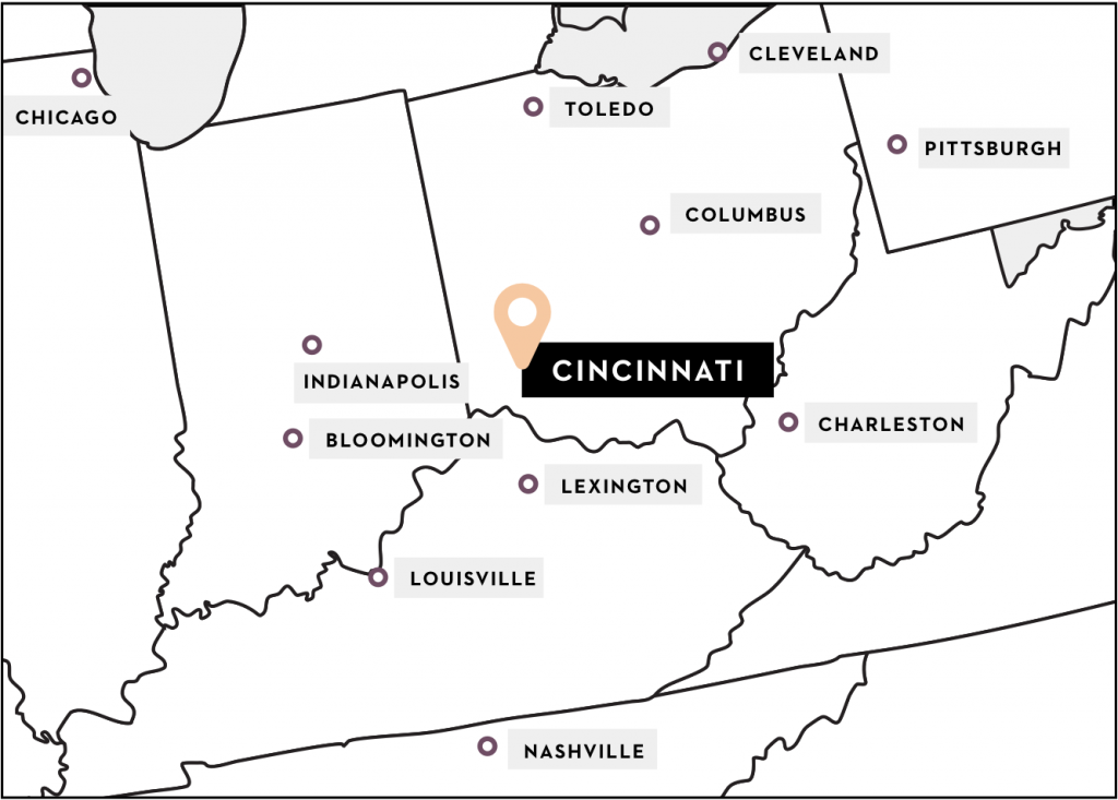 Map of the midwest with Cincinnati highlighted in the middle