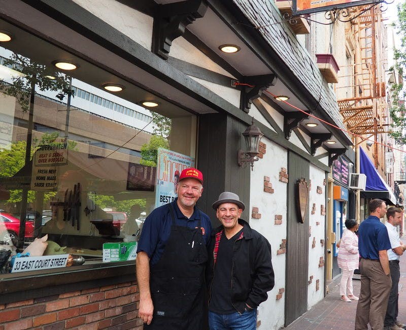 Simon Majumdar and Len Bleh at Avril and Bleh Meat Market famous for their sausage 