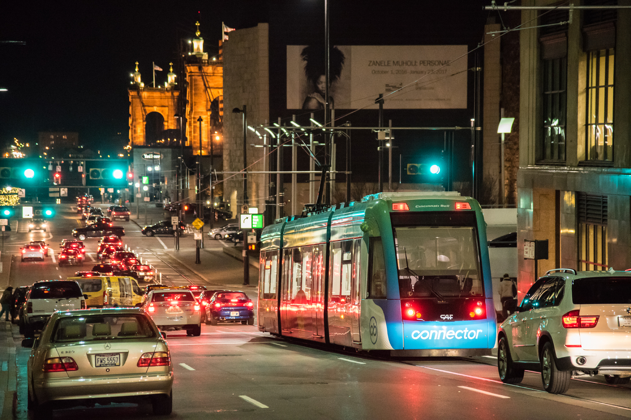 Cincinnati streetcar driving at night
