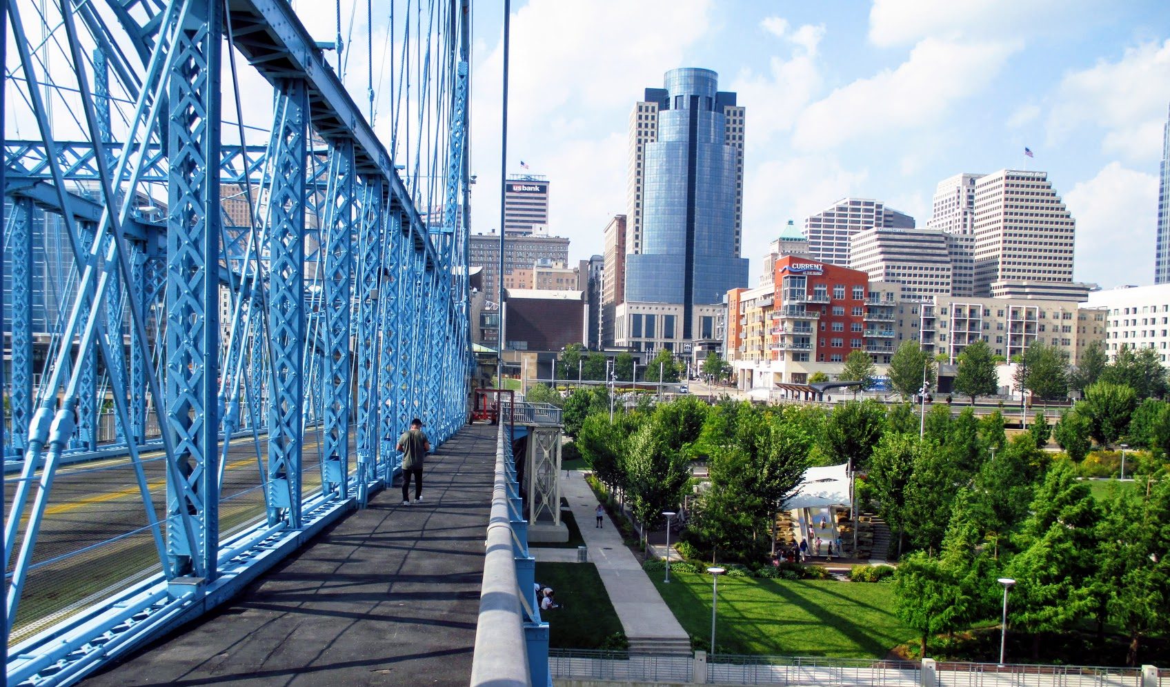 cincinnati skyline from the roebling bridge. it's walkability makes the cost of living reasonable