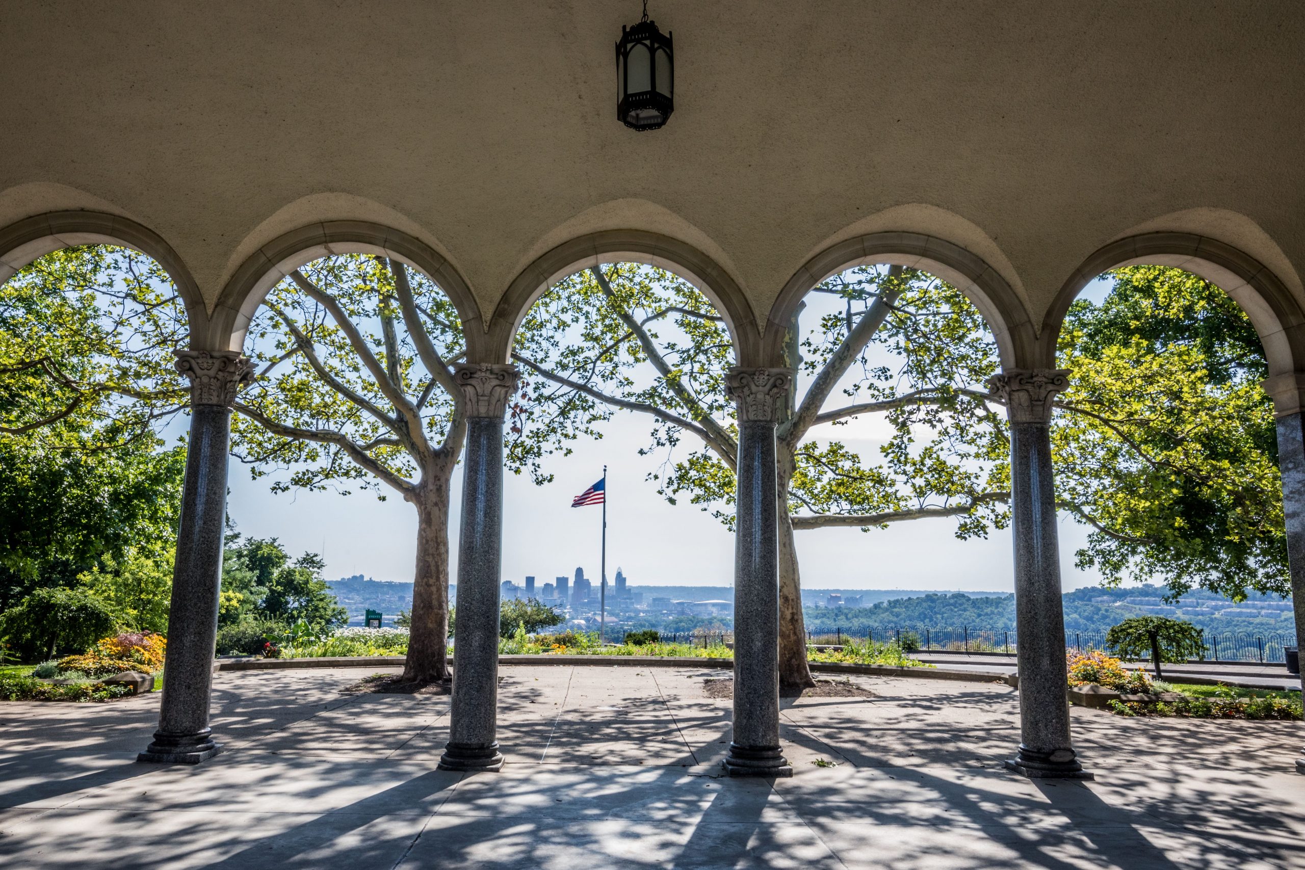 Cincinnati pavilion overlook with American flag