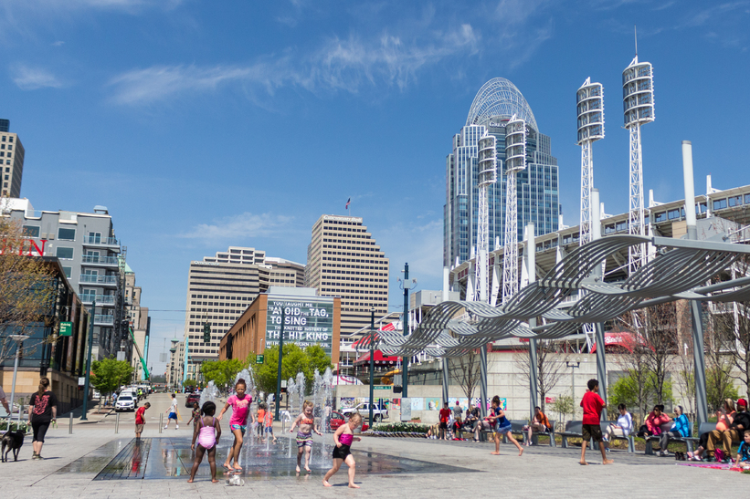 Families enjoying a splash pad at Smale Park